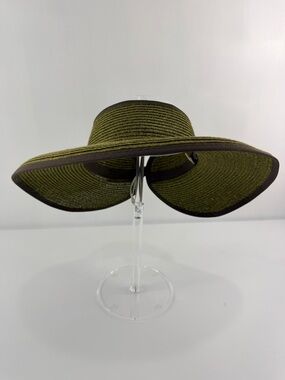 HBY Miami Olive Green Brown Trim Wide-Brim Straw Adjustable Visor Hat One Size